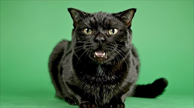 Black Cat Opening Mouth Meowing Talking for Voice Over on Green Screen