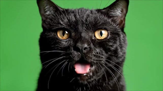 Black Cat Opening Mouth Meowing Talking for Voice Over on Green Screen