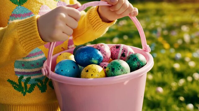 Child reaches into pink bucket filled with vibrant Easter eggs. Springtime setting with green grass and flowers. Concept of family, celebration, children's activities, holiday events