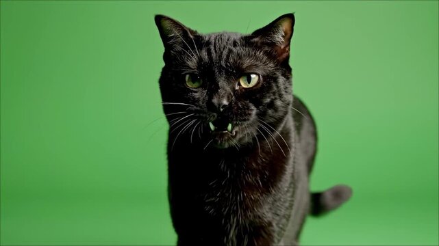 Black Cat Opening Mouth Meowing Talking for Voice Over on Green Screen