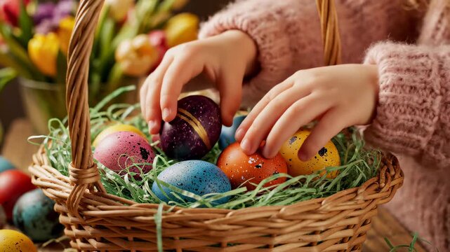 Child places colorful eggs in woven basket filled with green grass. Bright spring flowers surround the setting, evoking a festive atmosphere