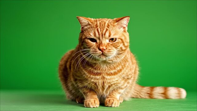 Orange Cat Opening Mouth Meowing Talking for Voice Over on Green Screen