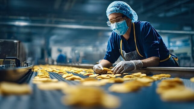 Factory worker checking potato chips on conveyor belt