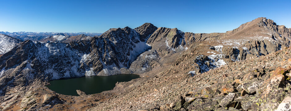 This scenic Sawatch Range panorama features Colorado 13ers Unnamed 13786' and Holy Cross Ridge rising above Tuhare Lake near 14er Mount of the Holy Cross.
