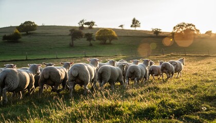Large flock of white woolly sheep walking away through a lush green pasture during a beautiful golden hour sunset with warm backlighting and lens flare