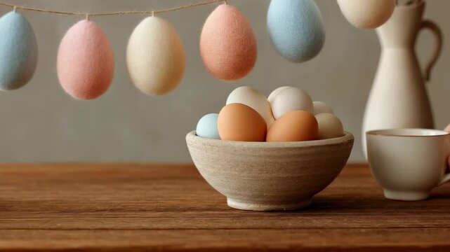 Colorful eggs are arranged in a bowl on wooden table. Decorative pastel eggs hang above creating a festive atmosphere. Concept of holiday gatherings, celebration, decorating