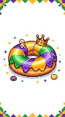 Pixel art of Mardi Gras King Cake with crown and baby figurine. Traditional Fat Tuesday dessert for carnival celebration. Retro 8-bit holiday food illustration