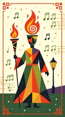 Mardi Gras festival character in a colorful costume. Vector illustration of a parade performer with a torch and music notes for a celebration.