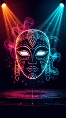 Glowing neon tribal mask on a dark stage with spotlights. Colorful celebration for Mardi Gras festival or carnival. Mysterious cultural event with vibrant lights