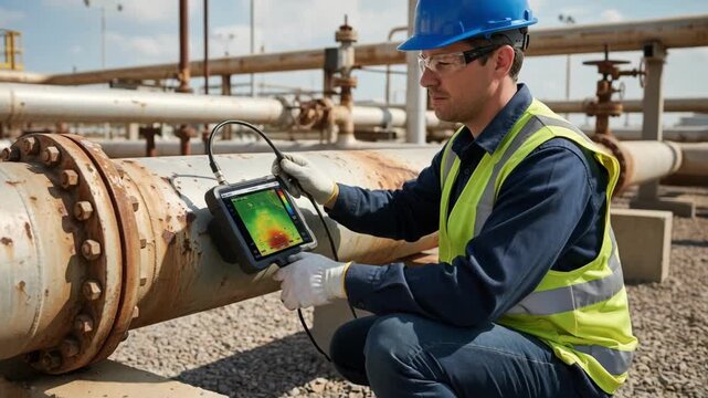 Medium shot of a technician examining an oil pipeline with a handheld device focusing on detecting corrosion and leaks for maintenance.