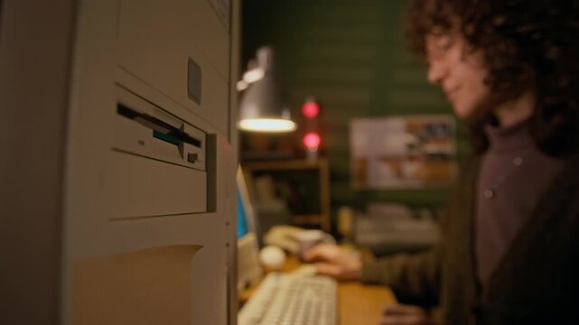 Selective focus close-up of hand of 1980s female user inserting 3-inch floppy disk into drive on tower case of retro computer, while working on document or report in home office