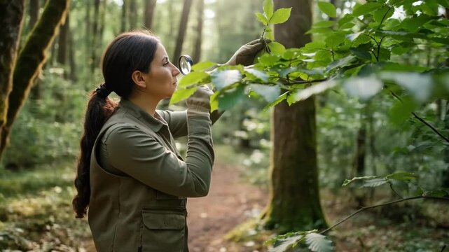 Medium shot of a specialist inspecting green leaves closely to evaluate tree vitality in a forest setting