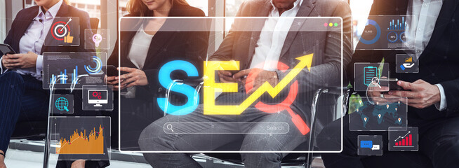 SEO concept for improving SEO visibility, with SEO related digital tools and SEO performance icons shown in an focused layout for strategic marketing. Spline