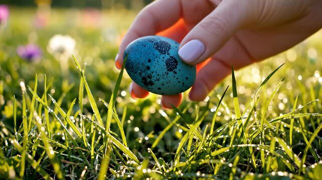 Hand reaches for blue speckled egg nestled in green grass. Bright garden full of colorful flowers. Concept of spring activities, egg hunts, nature exploration