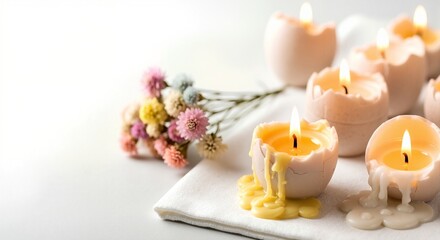 Handmade Easter candles in cracked eggshells with melting wax. Spring holiday decoration with flowers on white background. Festive banner or greeting card backdrop with copy space