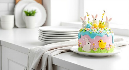 Festive Easter cake with bunny and chick decorations on kitchen counter. Spring holiday dessert for celebration. Banner background with copy space