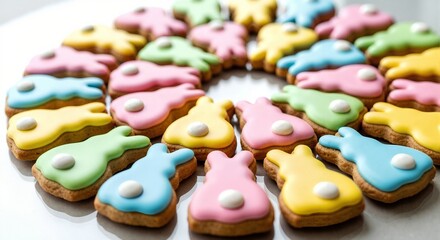 Pastel Easter bunny cookies arranged in a circle. Festive homemade holiday treats with colorful icing. Spring celebration banner, background or backdrop