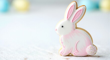 Cute Easter bunny cookie with pink icing. Traditional spring holiday dessert on white background. Festive banner or backdrop with copy space.
