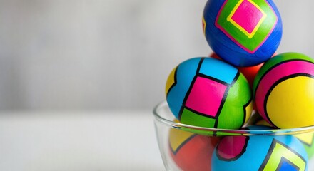 Colorful hand-painted Easter eggs in glass bowl. Holiday decoration with geometric patterns. Spring celebration craft background for banner with copy space