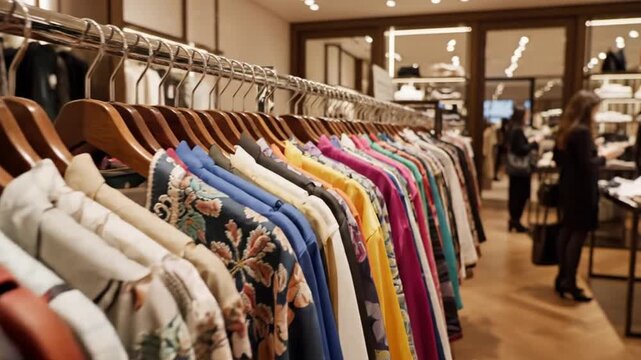 Colorful women's blouses and patterned shirts hang neatly on racks in a retail clothing store, showcasing diverse fashion for shoppers