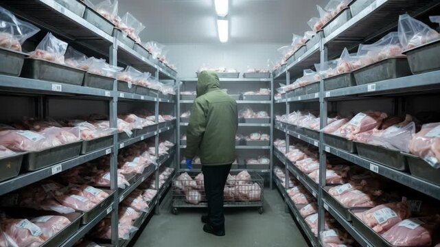 Medium shot of a walkin freezer worker arranging processed poultry packages on industrial shelves emphasizing systematic storage workflow.