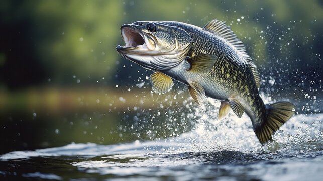 A striped bass fish leaping out of the water.