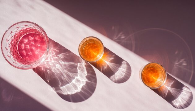Three beautiful glasses with colorful drinks casting long shadows in bright sunlight on a pink background, creating a minimalist aesthetic with stunning caustics