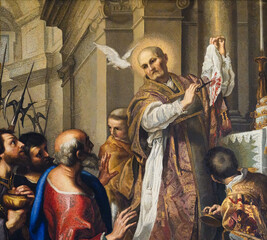 Obraz premium The Miracle of Pope St Gregory the Great – the mosaic is a copy of a painting by Andrea Sacchi (1599-1661). St Peter's Basilica, Rome, Italy.