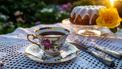 Vintage floral porcelain teacup and saucer with gold trim sits on a lace tablecloth in a garden during a beautiful golden hour with a cake in the background