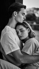 Young loving couple in a tender embrace with their eyes closed, showing intimacy and connection in a beautiful black and white portrait with soft natural light
