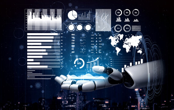 A robotic hand showcases various data visualizations, including graphs and world maps, against a dark cityscape, representing advanced technology and analytics. Impute - Powered by Adobe