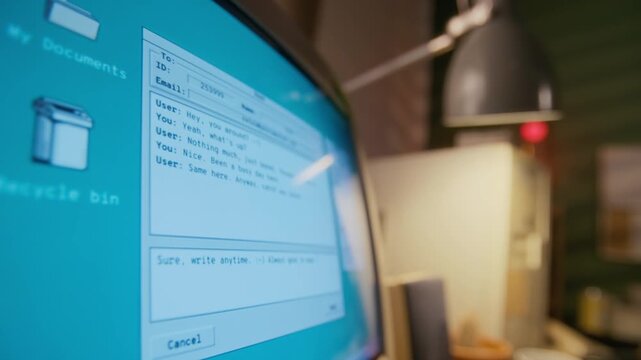 No people close-up of anonymous retro computer user writing instant messages on online messenger on internet, typing reply on flickering SRT monitor, trendy nostalgic 1990s technology vibe