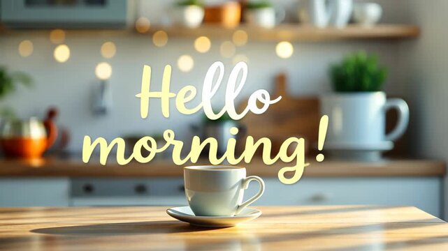 Hello morning text greeting with coffee cup on wooden table in sunlight. A second cup appears next to the first in a blurred kitchen setting. Breakfast concept