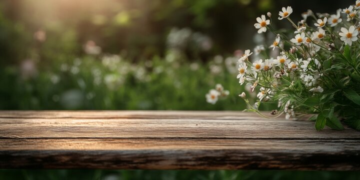 The image captures the serene beauty of a bouquet of daisies resting on an old, weathered wooden bench in what appears to be a peaceful garden setting.