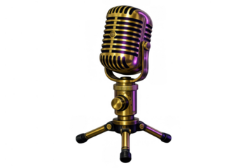 Gold retro microphone on stand with purple glow for broadcasting, podcasting, and vintage audio recording