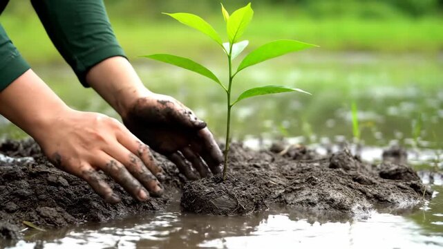 Planting sapling in mud with hands, environment and growth concept