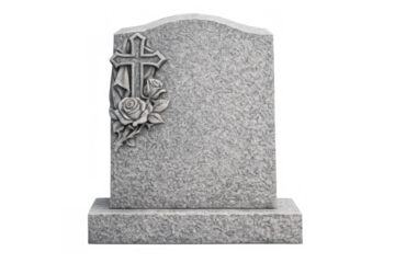 Granite tombstone with carved cross and roses, symbolizing remembrance, grief, and eternal rest, transparent background