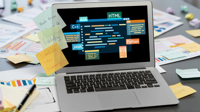 Software development or programming work with coding screen of various programming languages like HTML, , , and C brisk for new application development