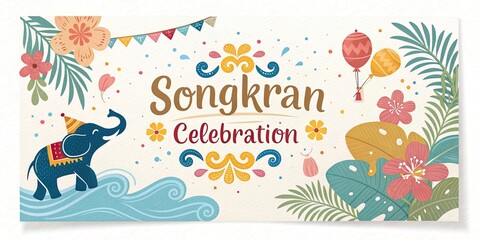 Songkran festival colorful typography banner with water splashes flowers and Thai celebration mood.
