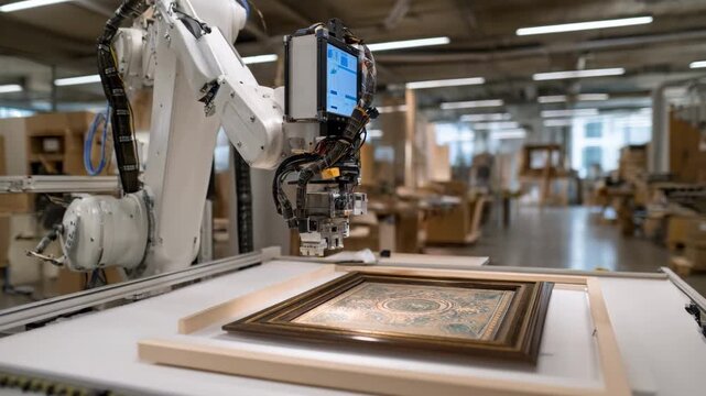 Automated robotic arm swiftly securing artwork within mats demonstrating advanced technology reducing manual labor and increasing precision in framing tasks.