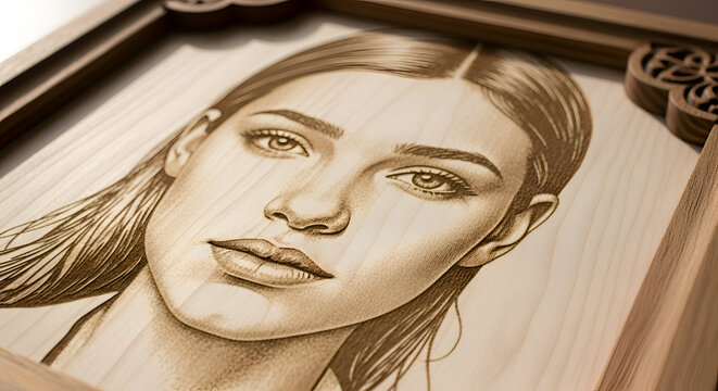 Portrait of a young woman engraved on wood with intricate frame showcasing craftsmanship and artistry in a warm, inviting light.