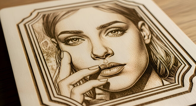 Portrait of a woman with hand to her face, laser engraved on wood, showcasing intricate details and artistic craftsmanship.