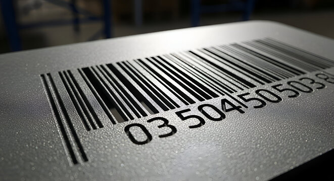 Barcode reflects light on metal surface in factory setting, showcasing precision and modern industrial technology with a focus on tracking and identification. - Powered by Adobe