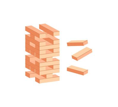 Wooden Jenga blocks in flat sticker style. A classic wooden block toy for tabletop fun and family play. Perfect boardgame concept for leisure, recreation, and activity design.