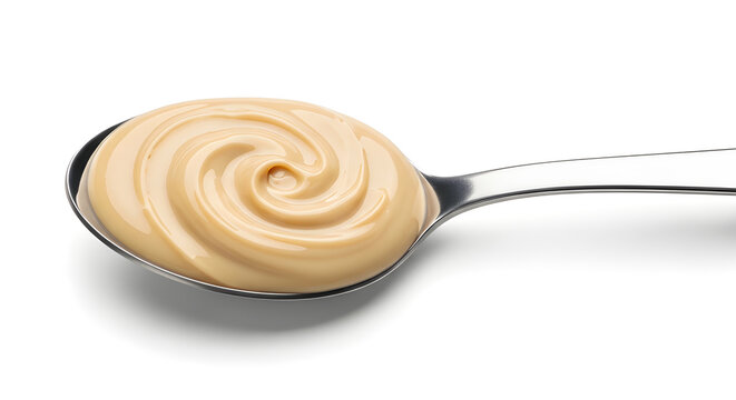 Creamy tahini on metal spoon isolated on white background, smooth texture and versatile food ingredient.