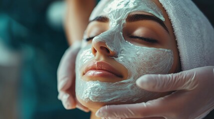 A woman receiving a spa facial with a clay mask applied to her face while she is seated in a salon chair.