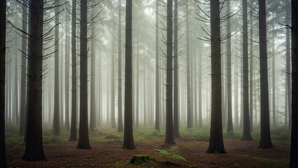 Fototapeta premium Dense forest of tall trees shrouded in atmospheric morning mist and diffused light