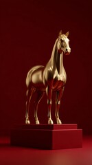 Golden Horse Statue on Red Background for Creative Projects