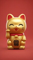Golden Lucky Cat Figurine on Red Background