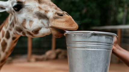 Close up of giraffe feeding from metal bucket held by person's hand. Human and animal interaction at zoo or wildlife sanctuary. Wildlife conservation and animal care